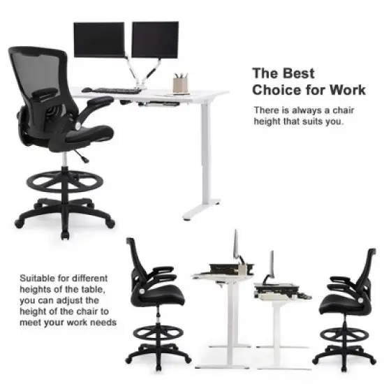 FDW Drafting Chair Tall Office Chair Standing Desk Chair with Flip Up Arms Foot Rest Back Support Adjustable Height Drafting Stool, Black image {2}