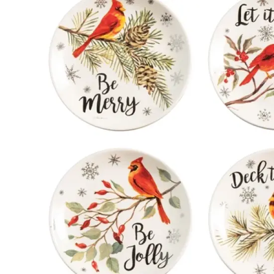 C&F Home 6" x 6" Holiday Sentiment Dolomite Round Dessert Plates Featuring Red Cardinals on Tree Branches Set Of 4 image {1}