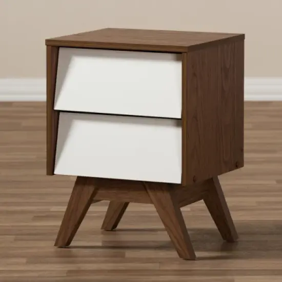 Hildon Mid - Century Modern Wood 2 - Drawer Storage Nightstand - White, "Walnut" Brown - Baxton Studio image {5}