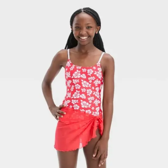Girls' 'Hawaiian Retreat with Sarong' Swimwear Set - art class&trade; Red image {4}