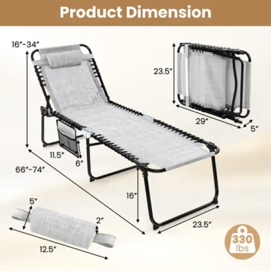Tangkula Foldable Beach Chaise Lounge Chair W/ Pillow image {8}