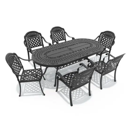 7-Piece Durable Cast Aluminum Outdoor Dining Set - Oval Table & Stackable Chairs Comfortable Red Cushions - Perfect Patio & Backyard Furniture image {2}