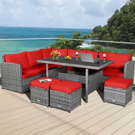 Tangkula 7PCS Rattan Patio Sectional Sofa Set Conversation Set w/ Red Cushions image {1}
