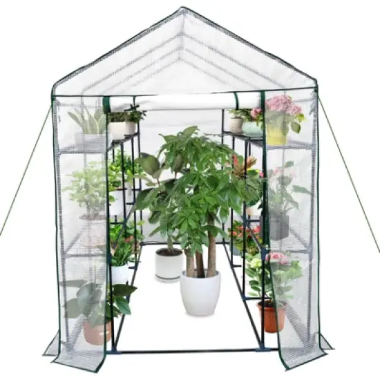 Walk-in Greenhouse with Roll-Up Zipper Door 57 x 57 x 76 Portable 3-Tier 6-Shelf Steel Frame Greenhouse for Indoor Outdoor Garden Patio, Green image {9}