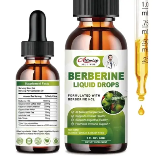 Alliwise Berberine Liquid Drops Support Immune, Digestion System & Heart Health, 2 Fl Oz (Apple) image {6}