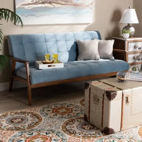 Asta Velvet Upholstered Wood Sofa Light Blue/Walnut - Baxton Studio image {6}