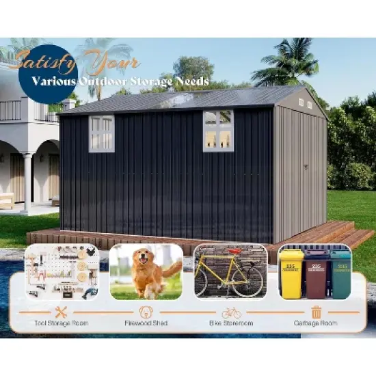 AMERLIFE 10.1x11.5x7.4 FT Galvanized Steel Storage Shed with 2 4-Pane Windows Hinged Double Doors image {6}