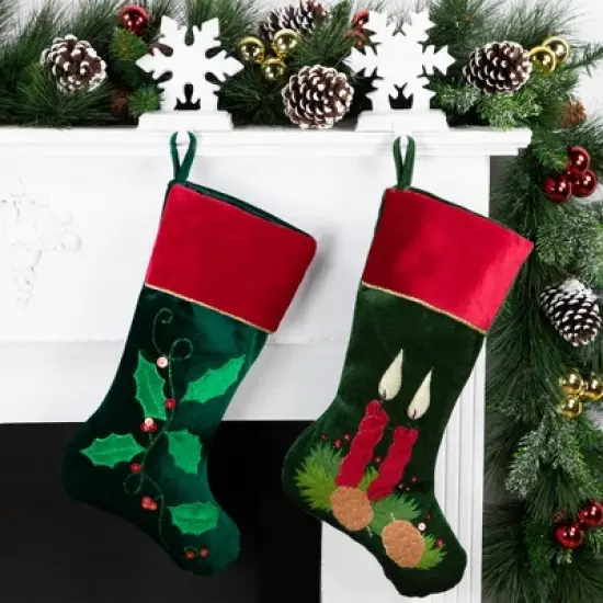 Northlight 20" Dark Green and Burgundy Candle and Pine Cone Velveteen Christmas Stocking image {1}