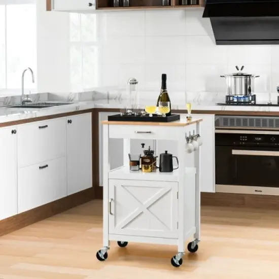 Tangkula Small Kitchen Island on Wheels Mobile Trolley Cart Barn Door Drawer Hooks image {2}