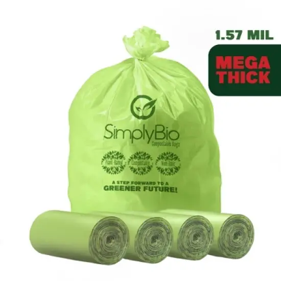 Simply Bio 96 Gallon Compostable Trash Bags Liners Flat-Top, Heavy Duty Extra Thick 1.57 Mil, 363.4 Liter, 40 Bags image {6}