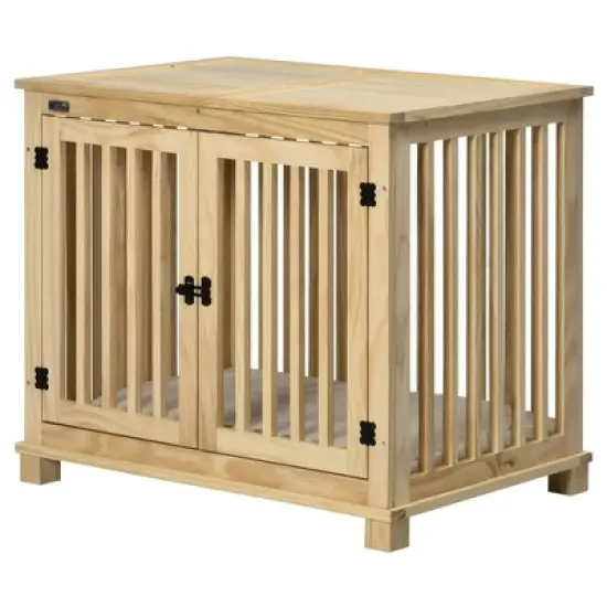 PawHut Wooden Dog Crate Furniture with Soft Cushion, Dog Crate End Table with Double Doors, Indoor Pet Crate for Small Medium Dogs image {3}