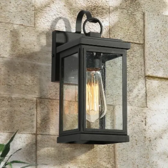 12" Metal/Seeded Glass Square Outdoor Wall Light Matte Black - LNC image {1}