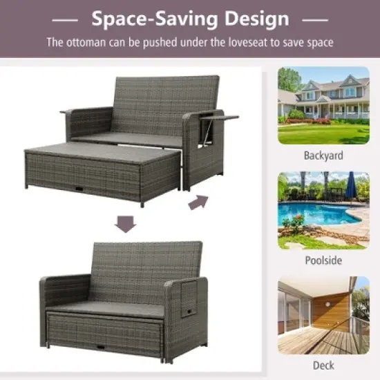 Costway Patio Rattan Daybed Set Wicker Loveseat Sofa with Ottoman & Retractable Side Tray image {8}