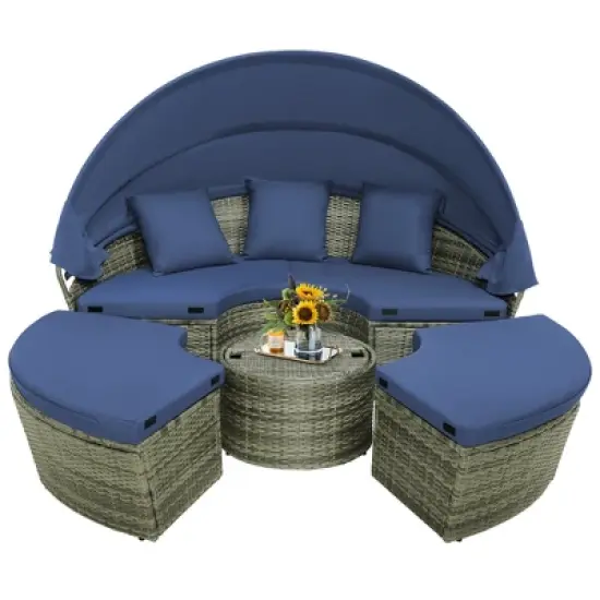 Costway Patio Rattan Daybed Outdoor Sectional Seating with Side Table & Retractable Canopy image {3}