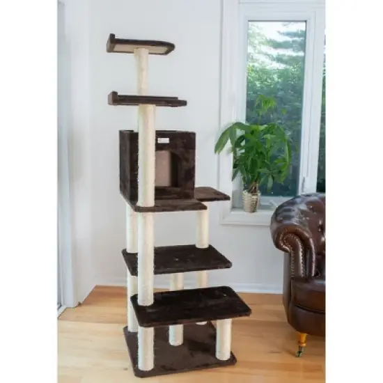 GleePet GP78680723 66-Inch Real Wood Cat Tree In Coffee Brown With Four Levels, Two Perches, Condo image {3}