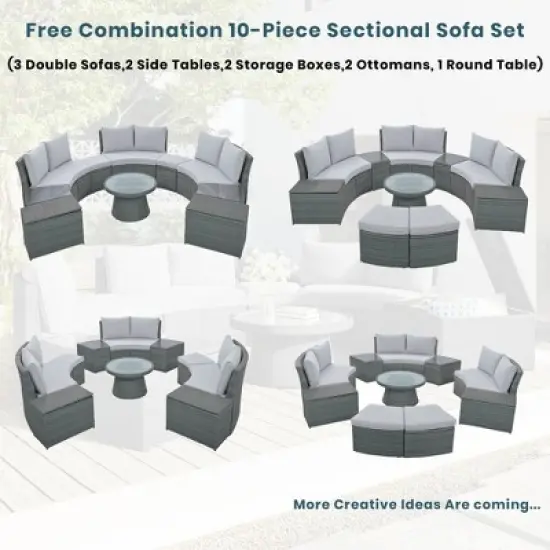 FIONECA 10-Piece Outdoor Sectional Half-Round Patio Rattan Sofa Set, Light Gray PE Wicker Conversation Furniture, Modular Combination image {2}