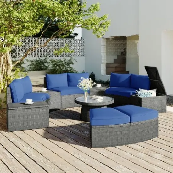 10-Piece Half Round Patio Rattan Sofa Set,PE Wicker Outdoor Sectional with Cushions,Storage Stools And Coffee Table-Maison Boucle image {1}