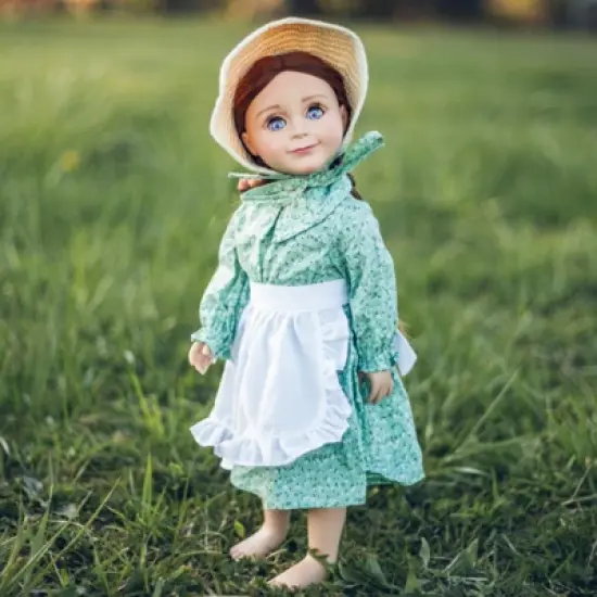 The Queen's Treasures 18 Inch Green Calico Prairie Dress, Apron, and Bonnet image {1}