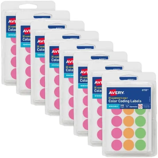 Avery Color-Coding Removable Labels, 3/4 Inch Round Labels, Assorted Neon Colors, Non-Printable, 8 Packs, 2,520 Dot Stickers Total (21933) image {5}