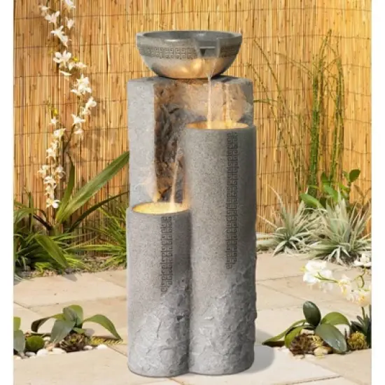 John Timberland Bowl and Pillar Modern Zen Cascading Outdoor Floor Water Fountain with LED Light 34 1/2" for Yard Garden Patio Home Deck Porch House image {1}