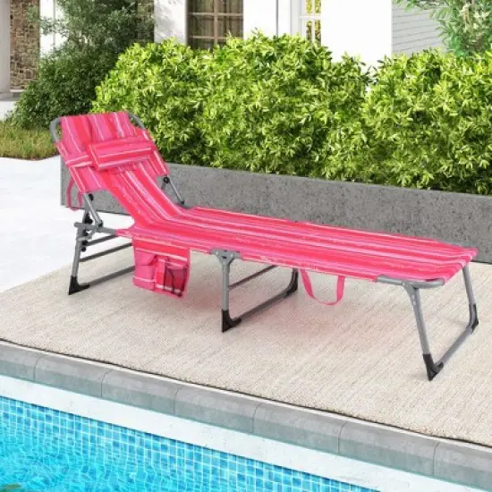 Costway Outdoor Beach Lounge Chair Folding Chaise Lounge with Pillow Blue\Blue&Green\Black\Grey\Turquoise\Pink\Beige\Light Pink image {15}