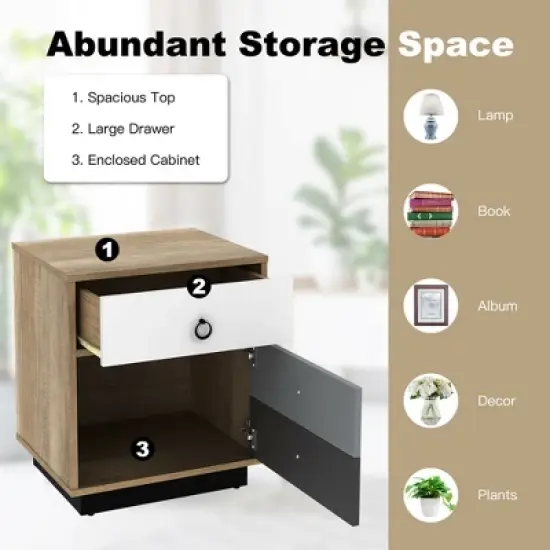 Costway Nightstand with Drawer and Storage Cabinet Wooden Sofa Side Table End Table image {4}