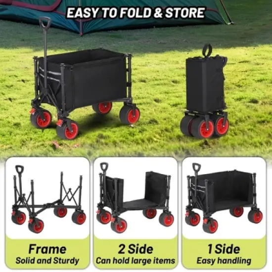 Garvee Foldable Wagon Cart with Big Wheels, Collapsible Utility Cart with Adjustable Handle, Side Pockets and Cup Holder for Shopping, Garden, Black image {3}
