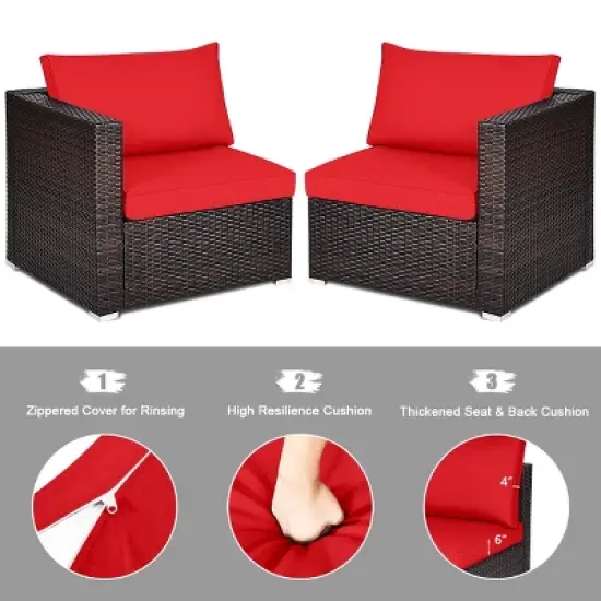 Tangkula 4PCS Rattan Corner Sofa Set Patio Outdoor Furniture Set w/ Red Cushions image {4}