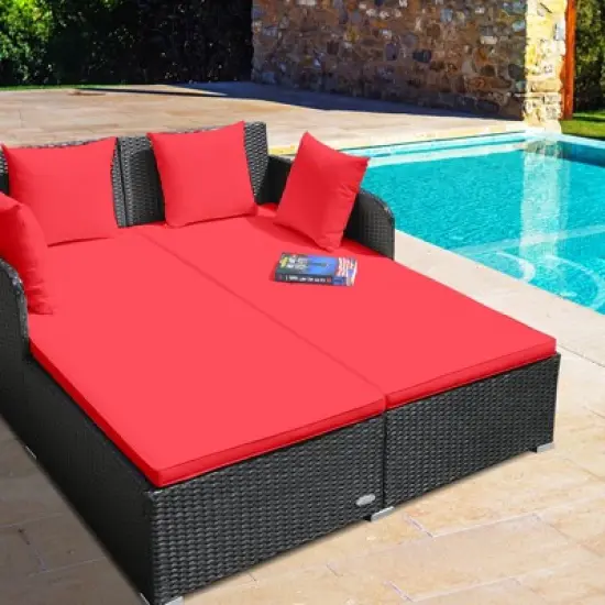Tangkula Patio Rattan Daybed with 4 Pillows Cushioned Sofa for Outdoor image {3}