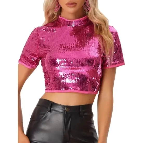 Allegra K Women's Halloween Sequin Crop Sparkle Glitter Short Sleeve Shinning T Shirt image {8}