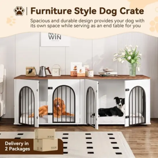 71" Large Dog Crate Furniture for 2 Dogs, Wooden Double Dog Crate with Door, Indoor Dog Kennel TV Stand with Divider and Cushion image {3}