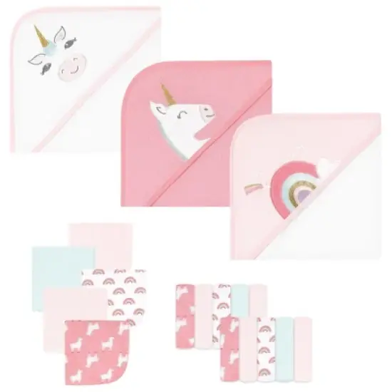 Hudson Baby Infant Girl Animal Hooded Towel 3pk and 15 Washcloths, Unicorn, One Size image {6}
