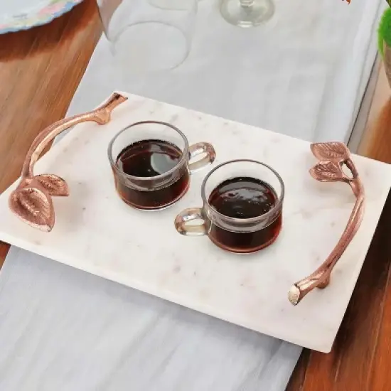 Inox Artisans Marcella Marble Tray with Leaf Handles image {3}