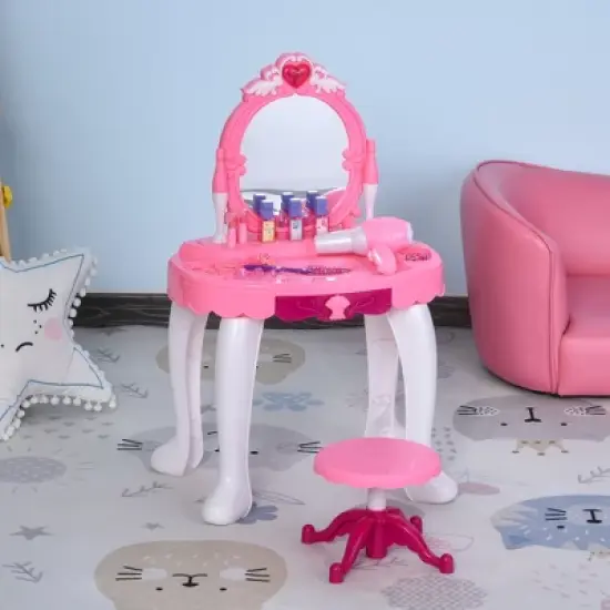 Qaba Children Dressing Table Set Girls Pretend Princess Vanity Table with Music Lightening Pink image {1}