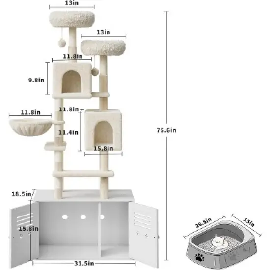 Cat Tree with Litter Box Enclosure 76 Inch Large 2 In1 Cat Tower Condo with Scratching Post, Dangling Balls, Backet & Top Perch image {6}