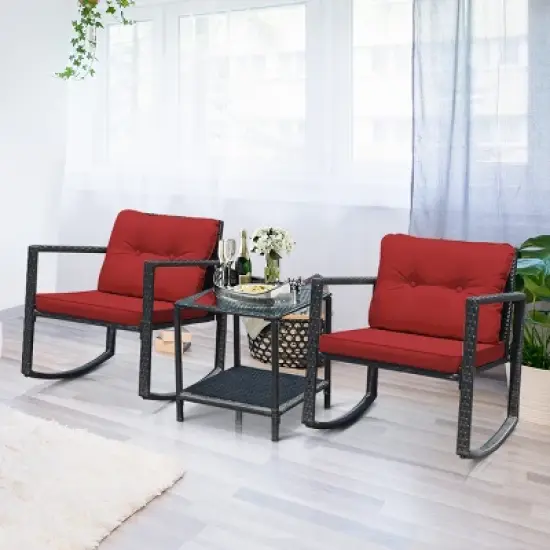 Costway 3PCS Patio Rattan Furniture Set Rocking Chairs Cushioned Sofa image {10}