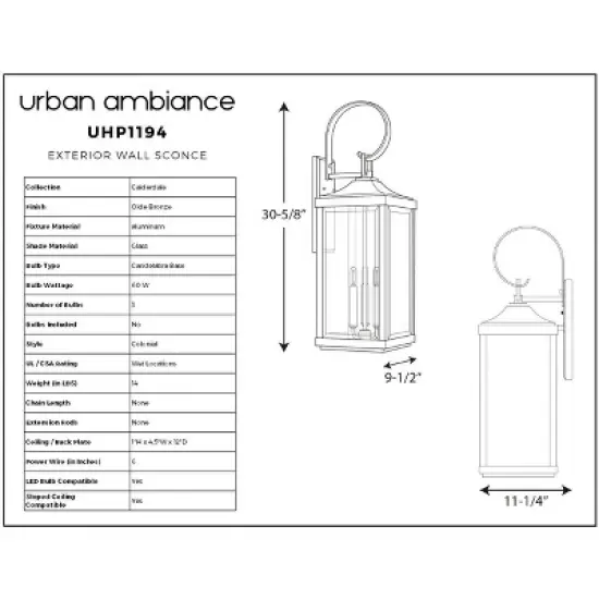 Urban Ambiance Luxury Colonial Outdoor Wall Light,  30-5/8" x 9-1/2",  Olde Bronze Finish, UHP1194 image {6}