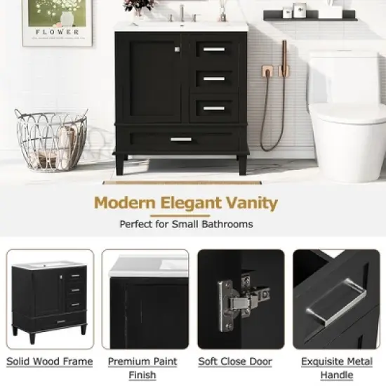 30" Solid Wood Frame Bathroom Vanity with Sink Combo Set, a Soft Closing Door and 3 Drawers image {4}