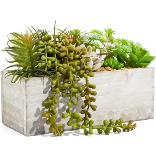 Juvale Artificial Mixed Succulent Faux Fake Cactus Plants in Rectangular Wooden Planter Box 9 x 4 in. image {5}