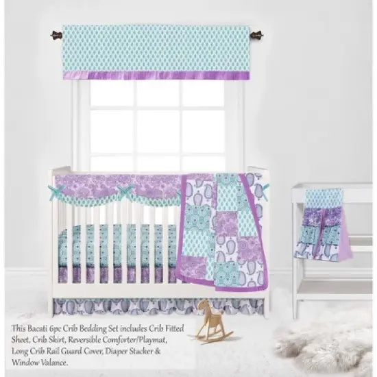 Bacati - Paisley Isabella Purple Lilac Aqua 6 pc Crib Bedding Set with Long Rail Guard Cover image {3}