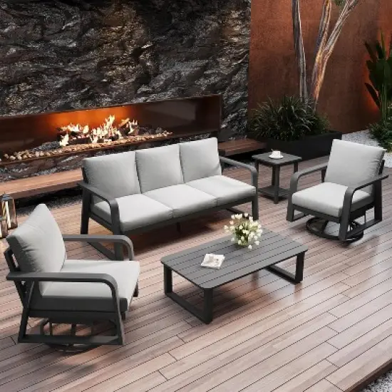 SUGOLD 5-Piece Aluminum Patio Conversation Set with Coffee Table and Gray Cushions image {9}