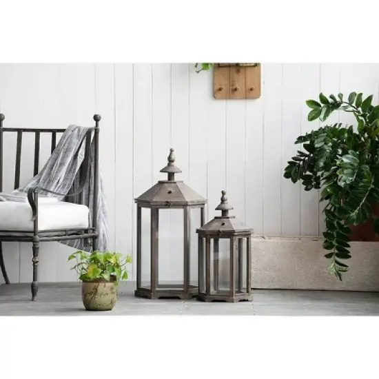 A&B Home 2pc Graca Polygon Temple Outdoor Garden Lanterns - Natural image {8}