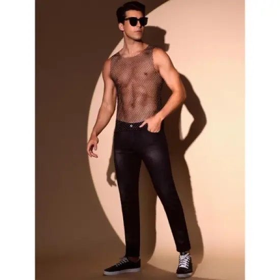 INSPIRE CHIC Men's Shiny Mesh Rave Sheer Sleeveless Metallic Sparkly Tank Top image {3}