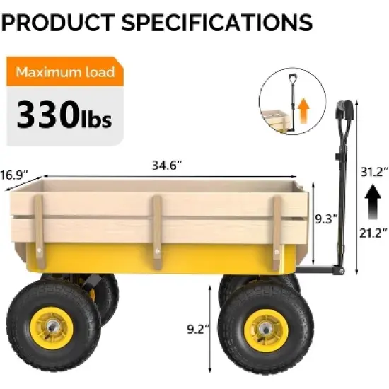 VINGLI Wagon Cart, Steel Frame and Wood Coated Railing, 330lbs All Terrain Wagon 9.2in Solid Tires for Kids Garden and Outdoor (Yellow) image {5}
