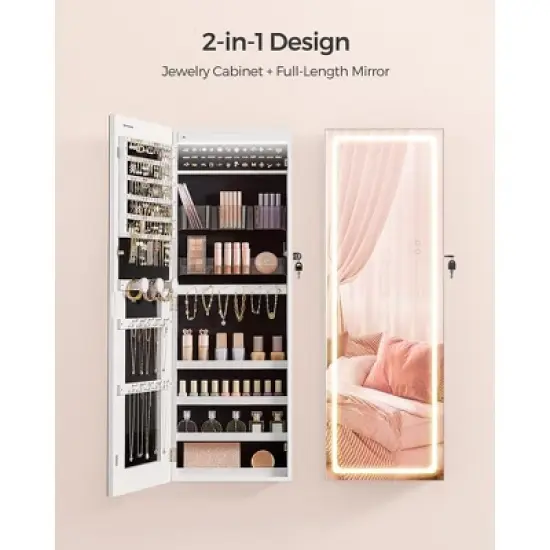 SONGMICS Mirror Jewelry Cabinet Armoire, Wall or Door Mounted Jewelry Storage Organizer, Hanging Lockable Frameless Mirror Cabinet, White image {4}