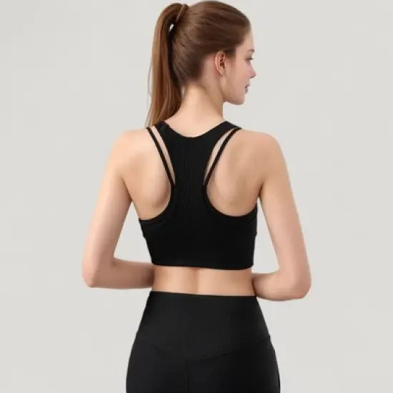 Anna-Kaci Active Women's Ribbed High Neck Crop Top with Double Strap Detail image {4}