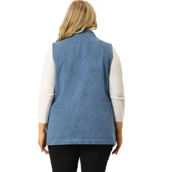 Agnes Orinda Women's Plus Size Denim Relax Notched Lapel Jacket Vest image {4}