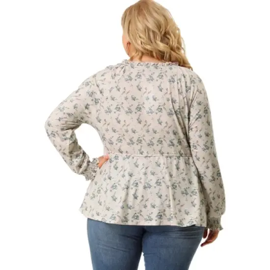 Agnes Orinda Women's Plus Size Floral Ruffle Neck Drawstring Waist Long Sleeve Peplum Tops image {4}