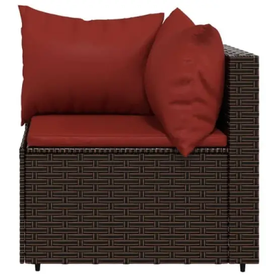 vidaXL Patio Corner Sofa with Cushions - Outdoor Furniture with Sturdy Steel Frame and Weather-Resistant Poly Rattan - Brown and Red image {3}
