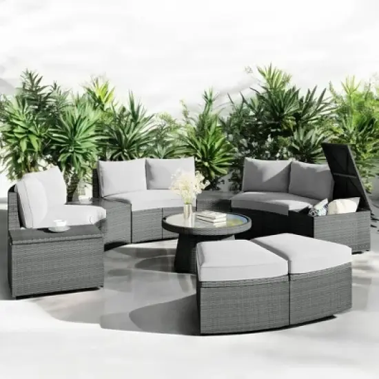 10-Piece Outdoor Patio Rattan Sofa Set with Cushions, Side Tables, Ottomans & Round Table &acirc;&acirc;&sbquo;?Light Gray PE Wicker Sectional Set image {15}